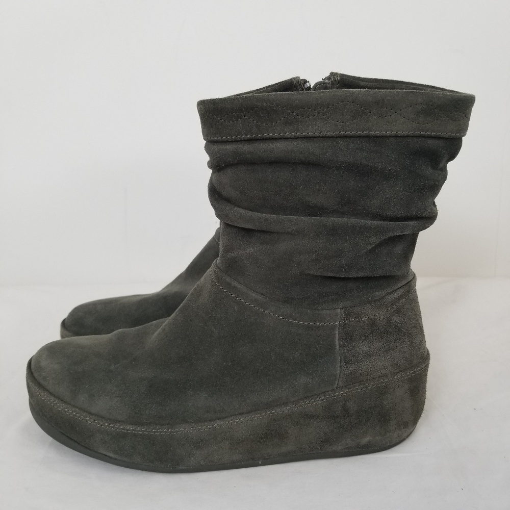 FitFlop Crush Suede Zip Up Platform Comfort Boot Taupe Grey Green Slouch Boot